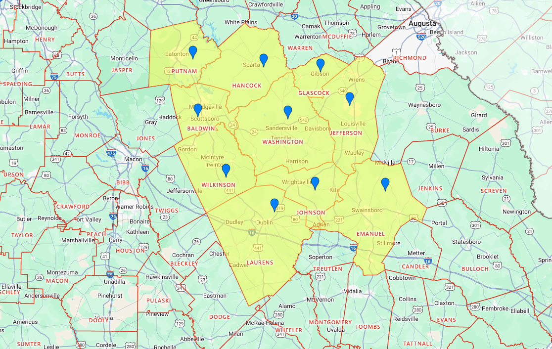 Service area map for Home Hero WACO handyman: Washington, Putnam, Jefferson, Glascock, Baldwin, Hancock, Emanuel, Johnson, Laurens, Wilkinson counties